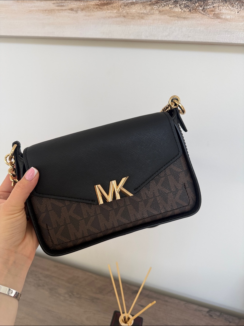 Michael Kors Black & Brown MK Logo Leather Crossbody